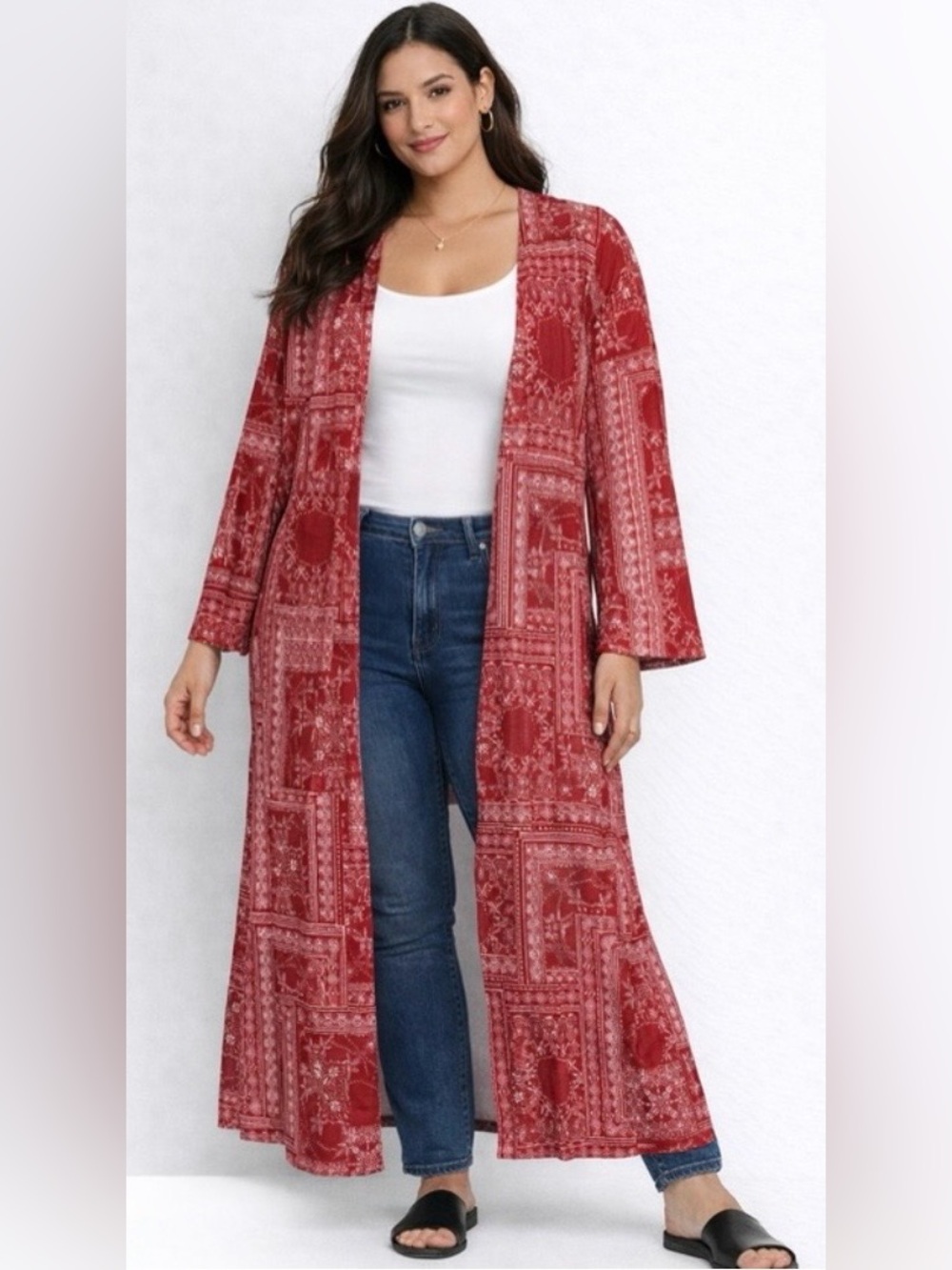 Akira Red Bandana Print Long Duster Layer Cardigan Boho Western Festival Size S